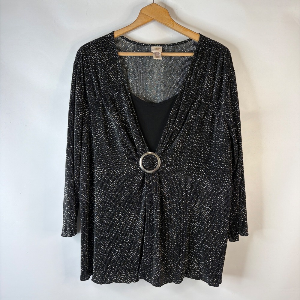 Covington Woman Blouse Women 20-22W Black Dot O-Ring Pleated Layered V-Neck Top
